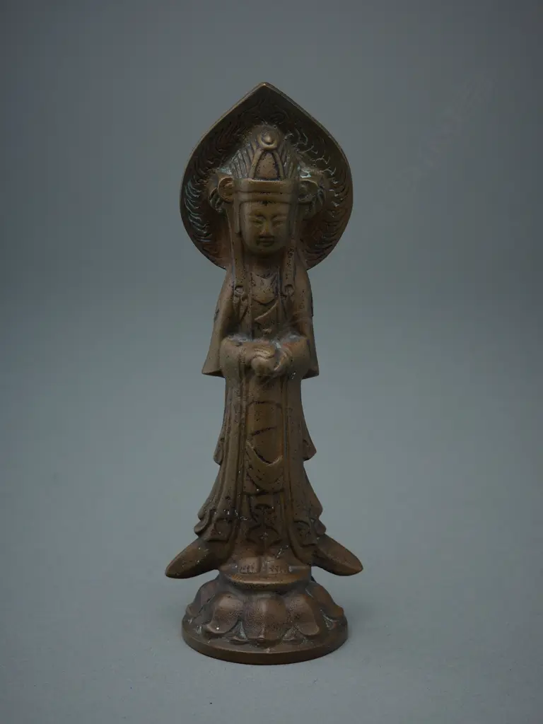 Brass standing figure of Buddha holding peach on lotus base - Tibet/China?, Image 1++